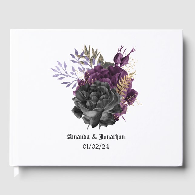 Purple Black and Gold Gothic Wedding Guest Book (Front)