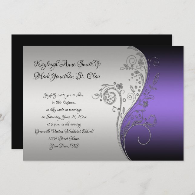 Purple Black and Silver Calligraphy Wedding Invitation (Front/Back)