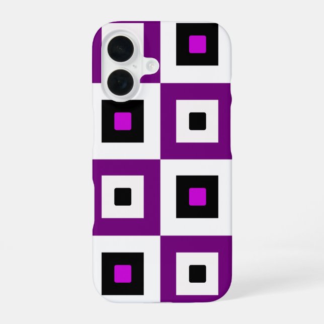 Purple Black and White Checkered Squares Pattern iPhone 16 Case (Back)