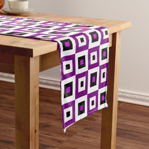 Purple Black and White Checkered Squares Pattern Short Table Runner