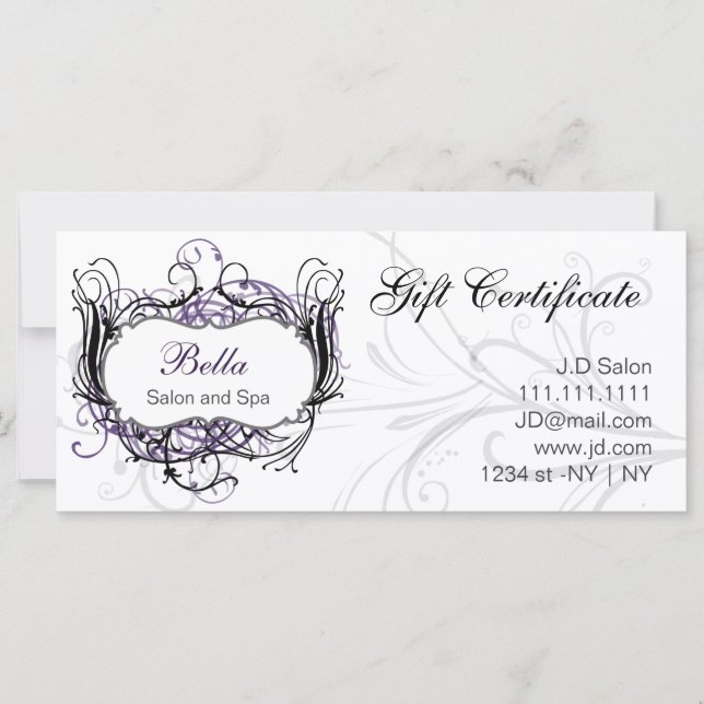 purple,black and white Chic Gift Certificates (Front)