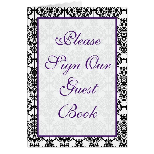 Purple, Black and White Damask Table Card (Front)