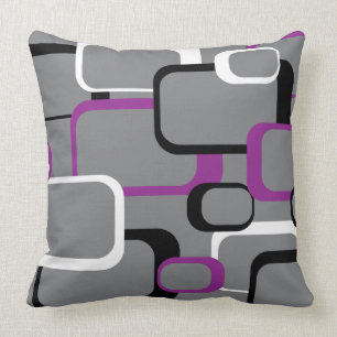 Purple Black and White Retro Squares Grey Cushion