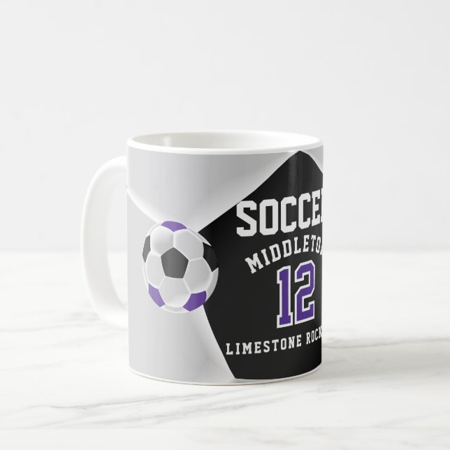 Purple, Black and White ⚽ Soccer Sport  Coffee Mug (Front Left)