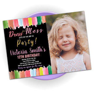 Purple Black Art in Party Paint Birthday W Photo Invitation