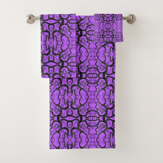 Purple Black Art Pattern Abstract - Choose Colour Bath Towel Set (Insitu)