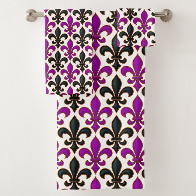 Purple Black Baroque Fleur-de-lis Pattern Design  Bath Towel Set (Creator Uploaded)