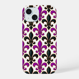 Purple Black Baroque Fleur-de-lis Pattern Design iPhone 15 Case