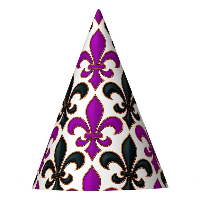 Purple Black Baroque Fleur-de-lis Pattern Design  Party Hat (Front)
