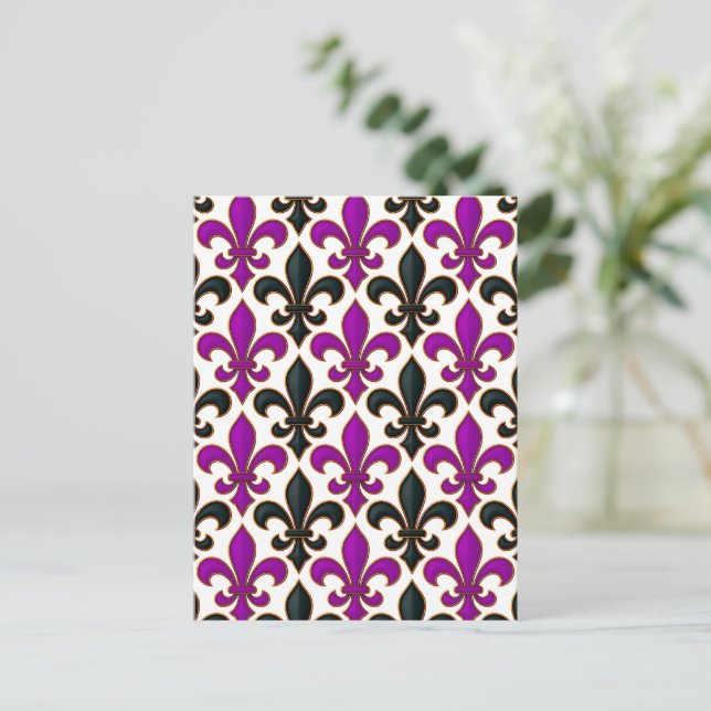 Purple Black Baroque Fleur-de-lis Pattern Design  Postcard (Standing Front)
