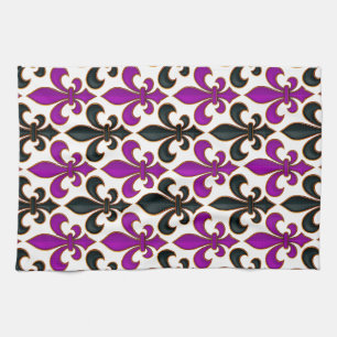 Purple Black Baroque Fleur-de-lis Pattern Design Tea Towel