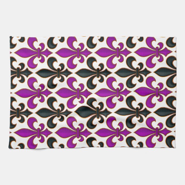 Purple Black Baroque Fleur-de-lis Pattern Design  Tea Towel (Horizontal)