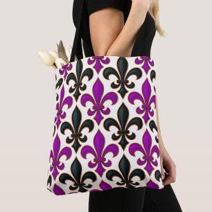 Purple Black Baroque Fleur-de-lis Pattern Design Tote Bag