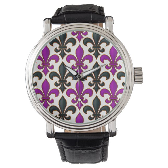Purple Black Baroque Fleur-de-lis Pattern Design  Watch (Front)