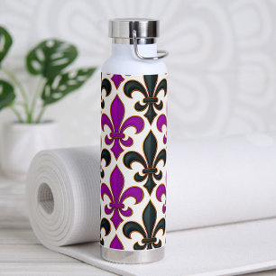Purple Black Baroque Fleur-de-lis Pattern Design Water Bottle