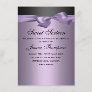 Purple & Black Bow Sweet 16 Birthday Invitation