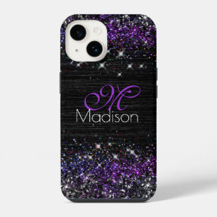 Purple black brushed metal glitter monogram iPhone 14 case