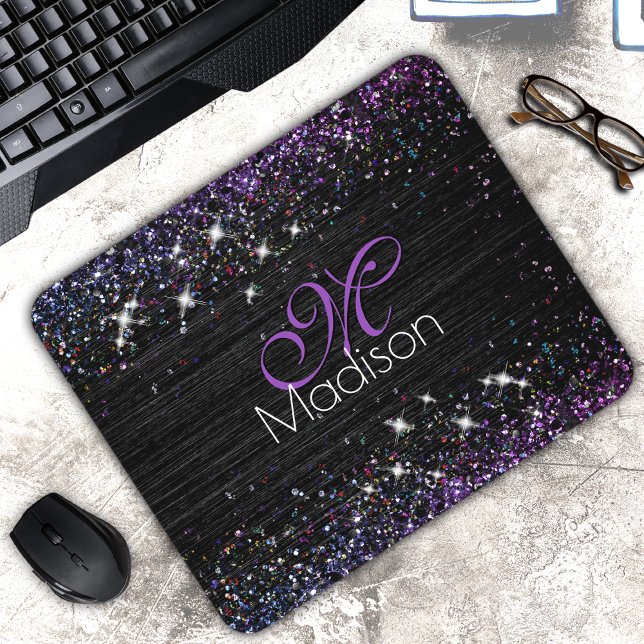 Purple black brushed metal glitter monogram mouse pad (Creator Uploaded)