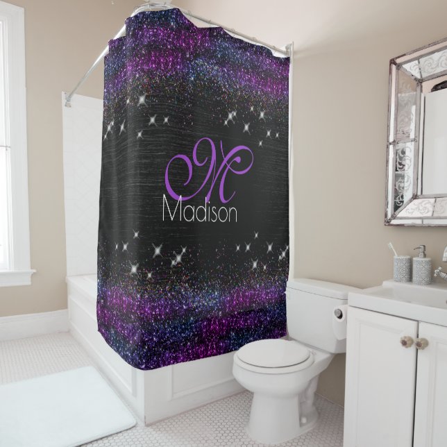 Purple black brushed metal glitter monogram shower curtain (In Situ)