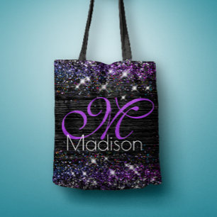 Purple black brushed metal glitter monogram tote bag