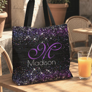 Purple black brushed metal glitter monogram tote bag