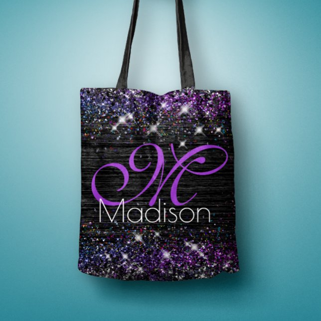 Purple black brushed metal glitter monogram tote bag (Creator Uploaded)