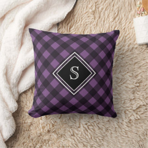 Purple Black Buffalo Check Framed Monogram Cushion