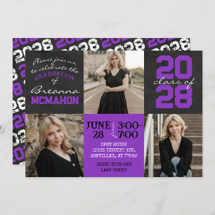 Purple & Black Chalkboard 3 Photo Graduation Invitation