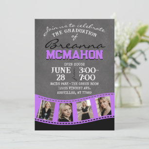 Purple & Black Chalkboard Photo Filmstrip Grad Invitation
