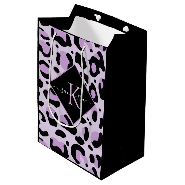 Purple & Black Cheetah Leopard Print Monogram Medium Gift Bag (Front Angled)