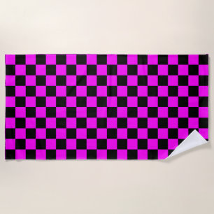 Purple Black Chequered Check Pattern Beach Towel