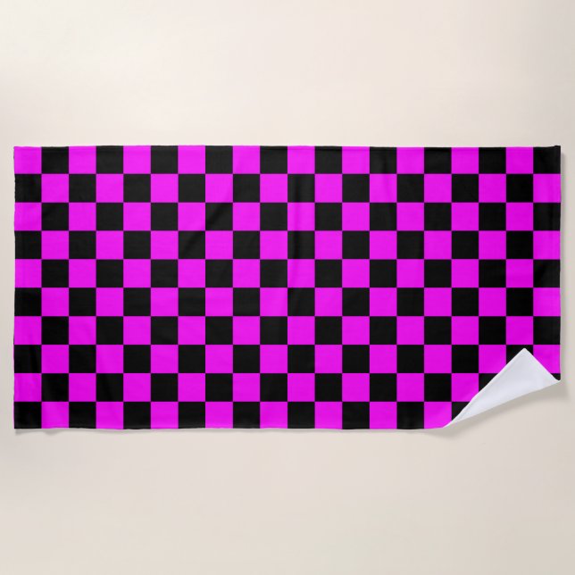 Purple Black Chequered Check Pattern Beach Towel (Front)