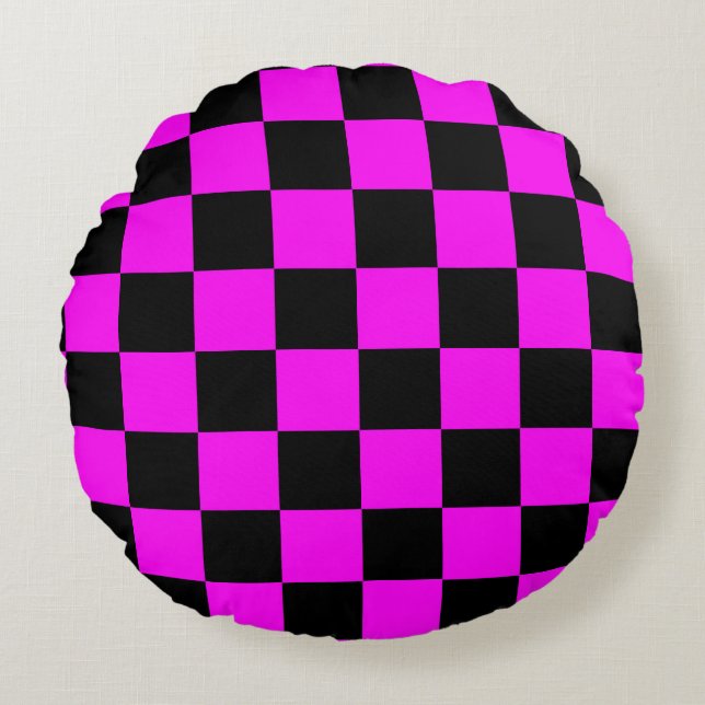 Purple Black Chequered Check Pattern Round Cushion (Front)