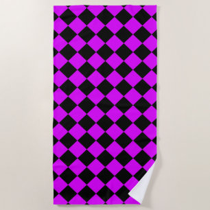 Purple Black Chequered Diamond Pattern Beach Towel