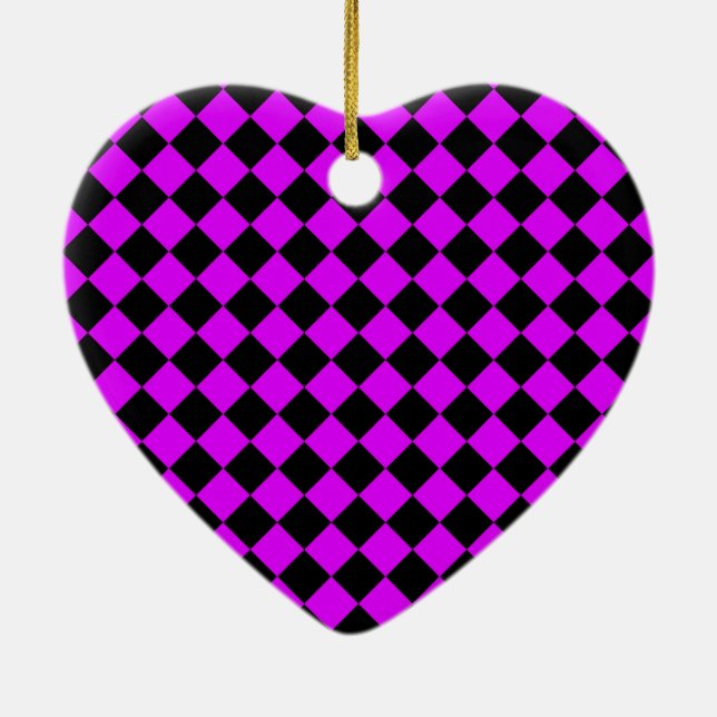 Purple Black Chequered Diamond Pattern Ceramic Ornament (Back)