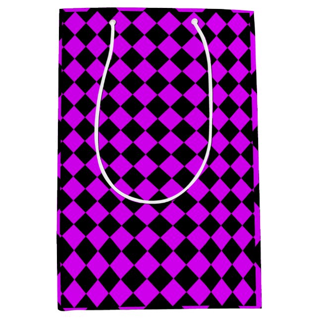 Purple Black Chequered Diamond Pattern Medium Gift Bag (Front)