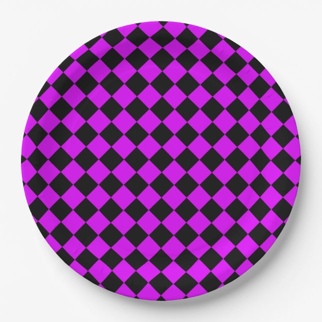 Purple Black Chequered Diamond Pattern Paper Plate (Front)