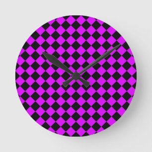 Purple Black Chequered Diamond Pattern Round Clock
