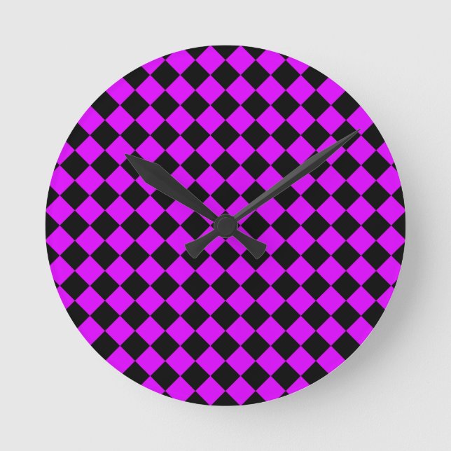 Purple Black Chequered Diamond Pattern Round Clock (Front)