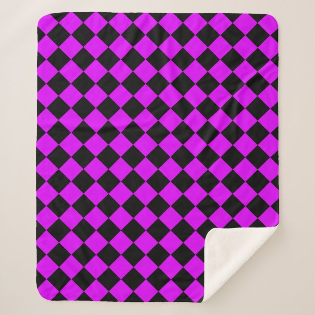 Purple Black Chequered Diamond Pattern Sherpa Blanket (Front)
