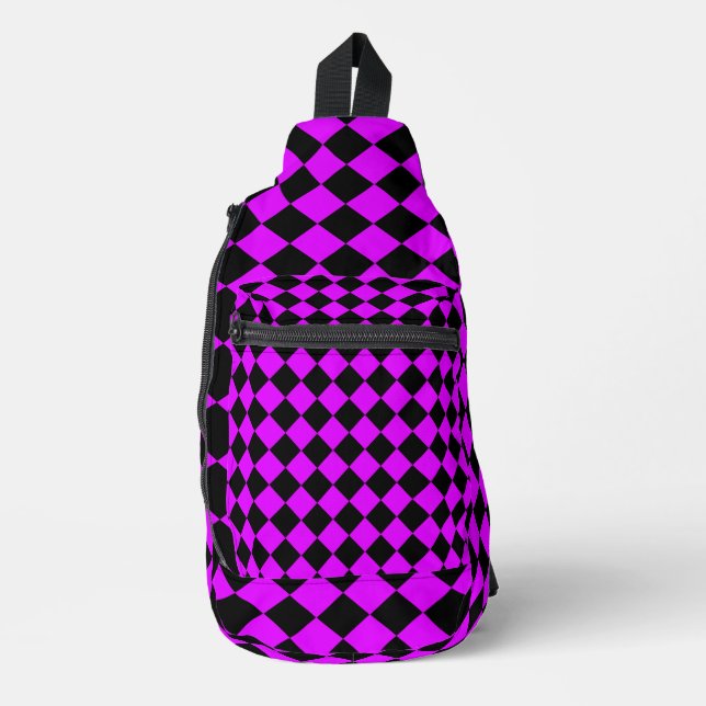 Purple Black Chequered Diamond Pattern Sling Bag (Front)