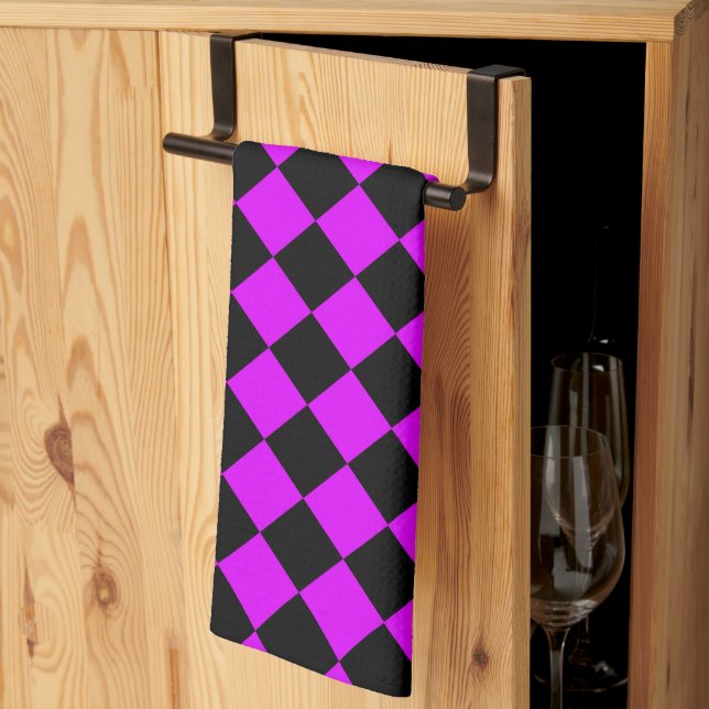 Purple Black Chequered Diamond Pattern Tea Towel (Thirds Fold)