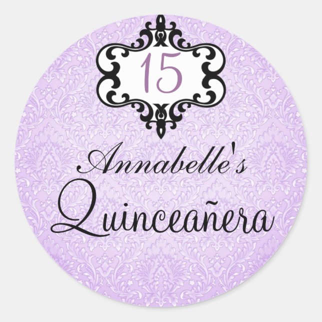 Purple & Black Chic Damask Quinceañera Sticker (Front)
