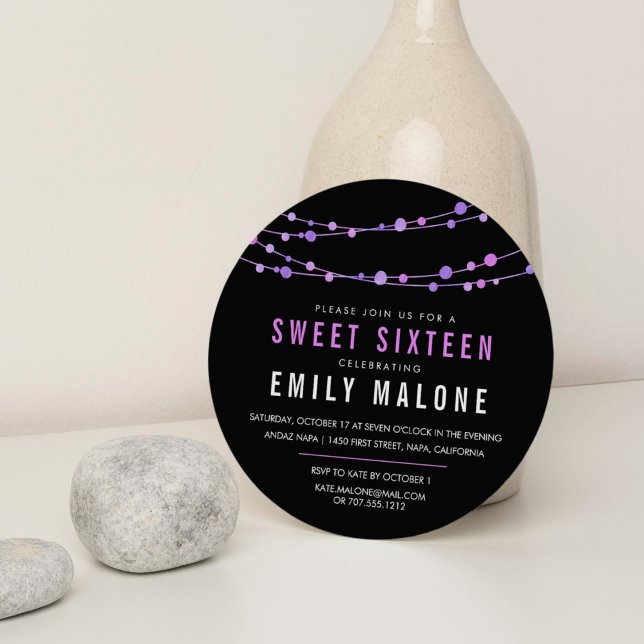 Purple & Black Confetti Garland Sweet Sixteen Invitation (Creator Uploaded)