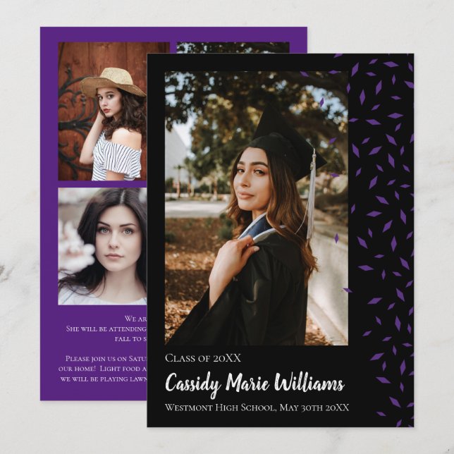 Purple Black Confetti Graduation Announcement (Front/Back)