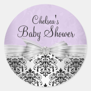 Purple & Black Damask Baby Shower Sticker