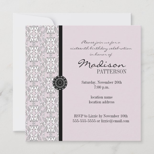 Purple & Black Damask Baroque Sweet 16 Party Invitation (Front)