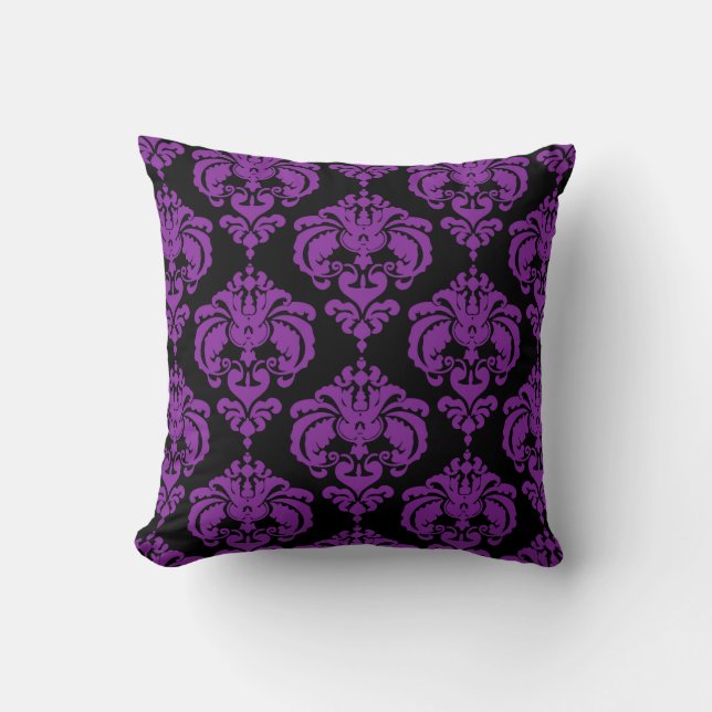 Purple & Black Damask Chic Modern Elegant Pattern Cushion (Front)