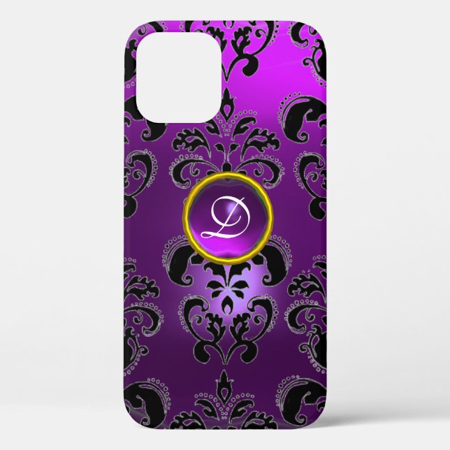 PURPLE BLACK DAMASK GEMSTONE FLORAL MONOGRAM Case-Mate iPhone CASE (Back)