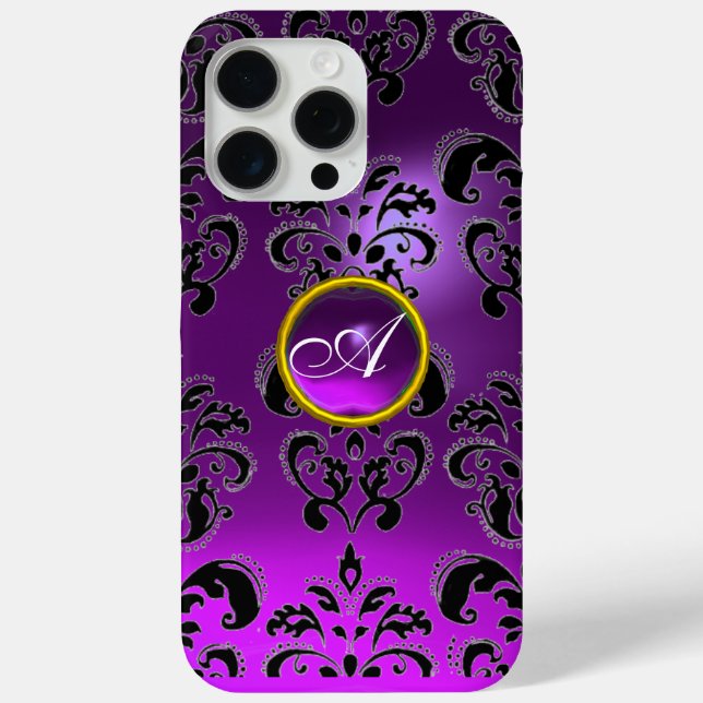 PURPLE BLACK DAMASK GEMSTONE MONOGRAM Floral Case-Mate iPhone Case (Back)